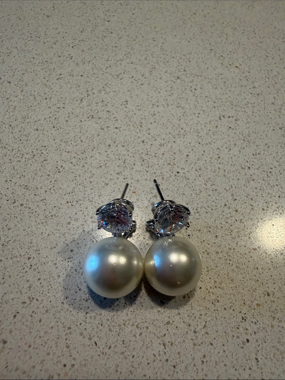 Ross-Simons Silver Pearl Drop Earrings with Clear Crystal Studs - White
